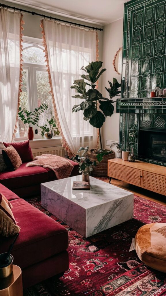 boho chic living room ideas, burgundy and green decor, green tile fireplace ideas, boho curtains, burgundy velvet sectional ideas
