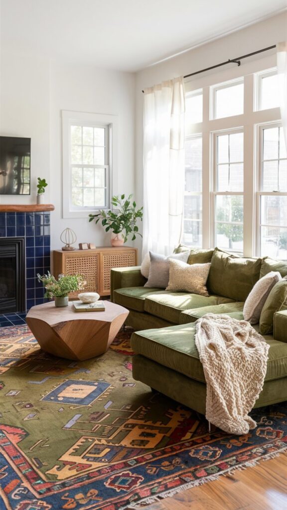 boho chic living room ideas, olive green velvet sectional, navy blue tile fireplace, colorful living room ideas