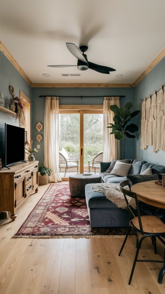 boho chic living room ideas, green walls, blu velet sectional, macrame wall art