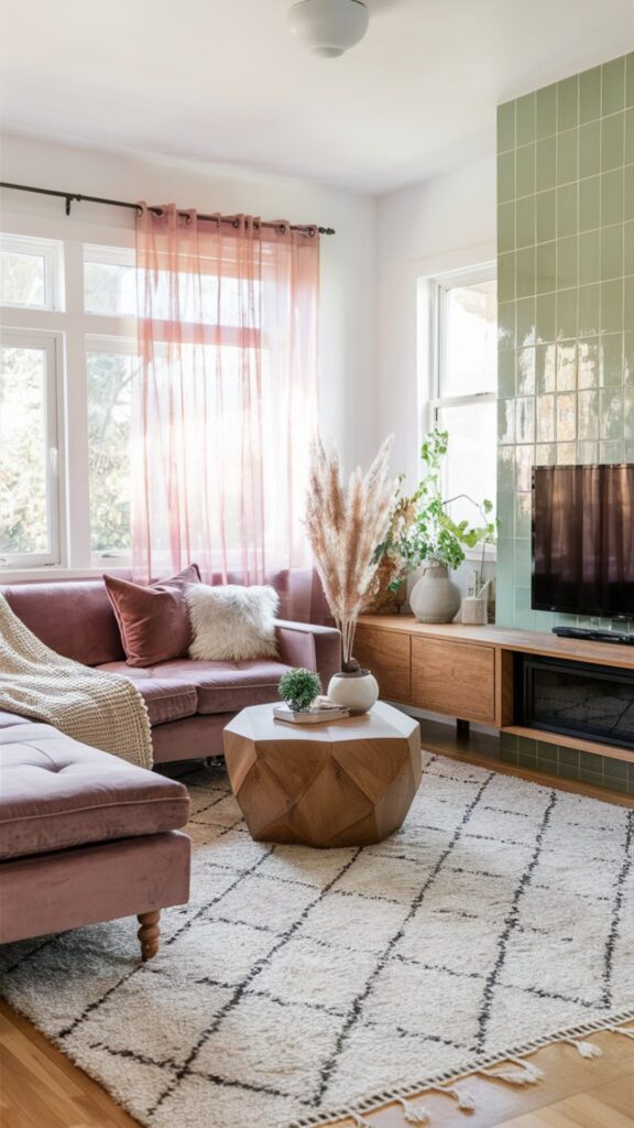 boho chic living room ideas, pistachio green tile fireplace, black and white boho rug, mauve pink velvet sectional