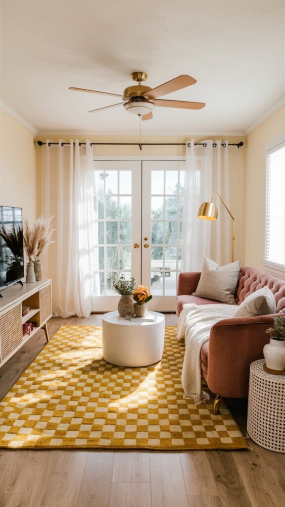 boho chic living room ideas, mustard yellow checkered rug, girly living room ideas,