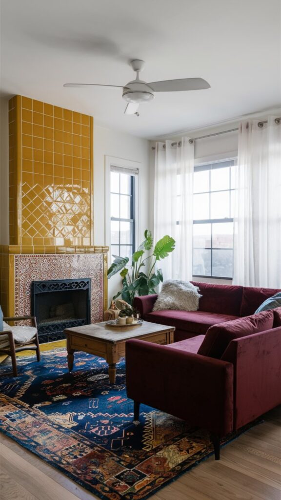 boho chic living room ideas, mustard yellow tile fireplace, burgundy velvet sectional, colorful living room ideas