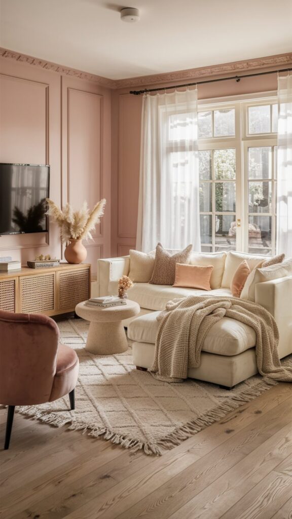 boho chic living room ideas, girly living room ideas, pink living room, dusty pink wall color