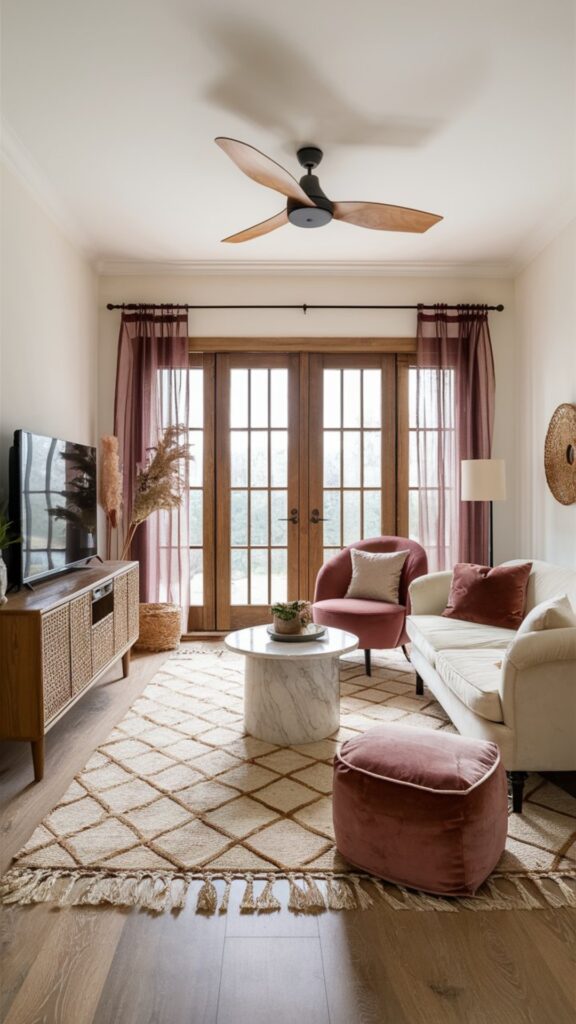 boho chic living room ideas, wood frame french doors, vane tv console, pink and white living room ideas