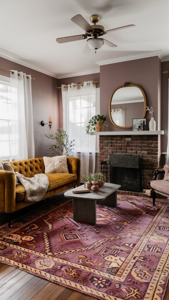 boho chic living room ideas, purple wall color, mauve wall color, mustard yellow velvet sectional, colorful living room ideas