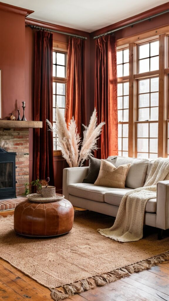 boho chic living room ideas, rust wall color, red living room ideas, rust velvet curtains