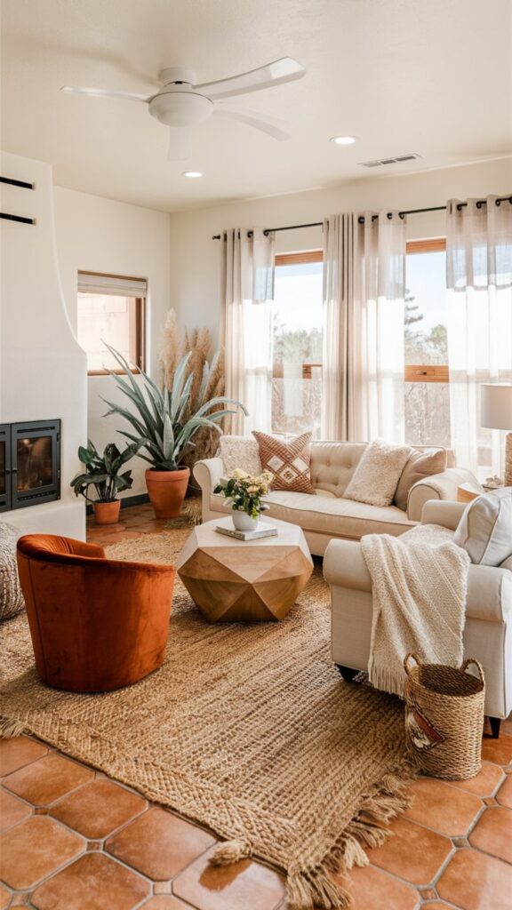 boho chic living room ideas, southwest living room ideas, white fireplace ideas, beige sectional decor, saltillo tile ideas, how to style saltillo tiles, how to decorate with saltillo tiles