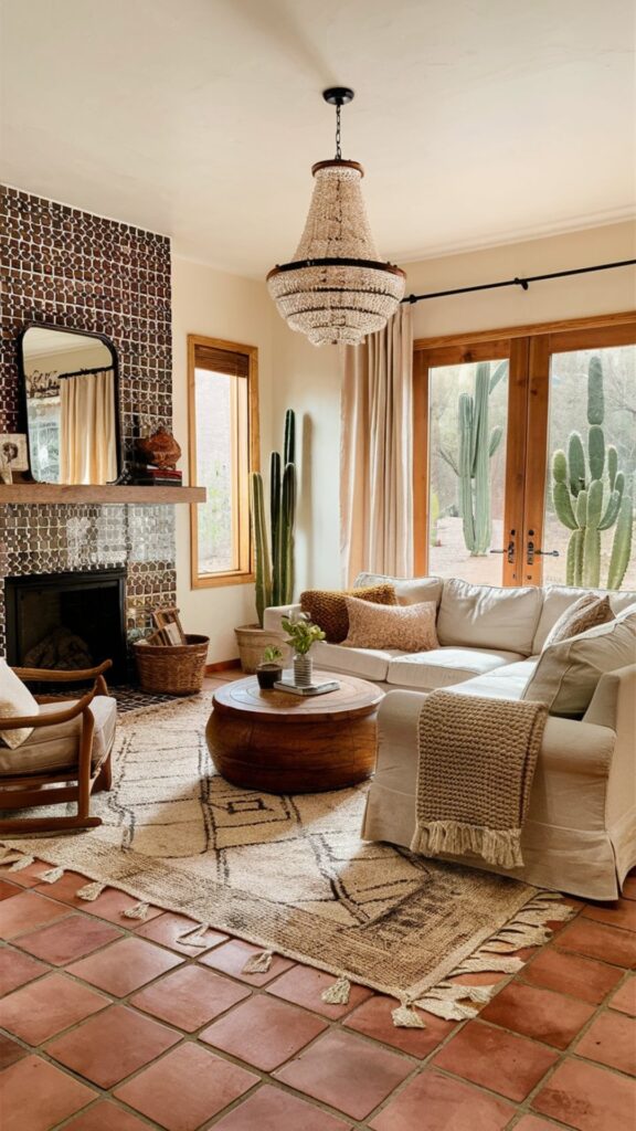 boho chic living room ideas, southwest living room decor, fun tile fireplace ideas, beige sectional decor, saltillo tile ideas, how to style saltillo tiles, how to decorate with saltillo tiles