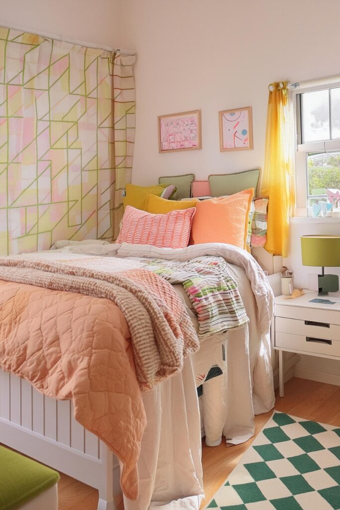 dorm room decor ideas. dorm room ideas. college dorm room inspo. retro dorm room ideas. colorful dorm room decor.