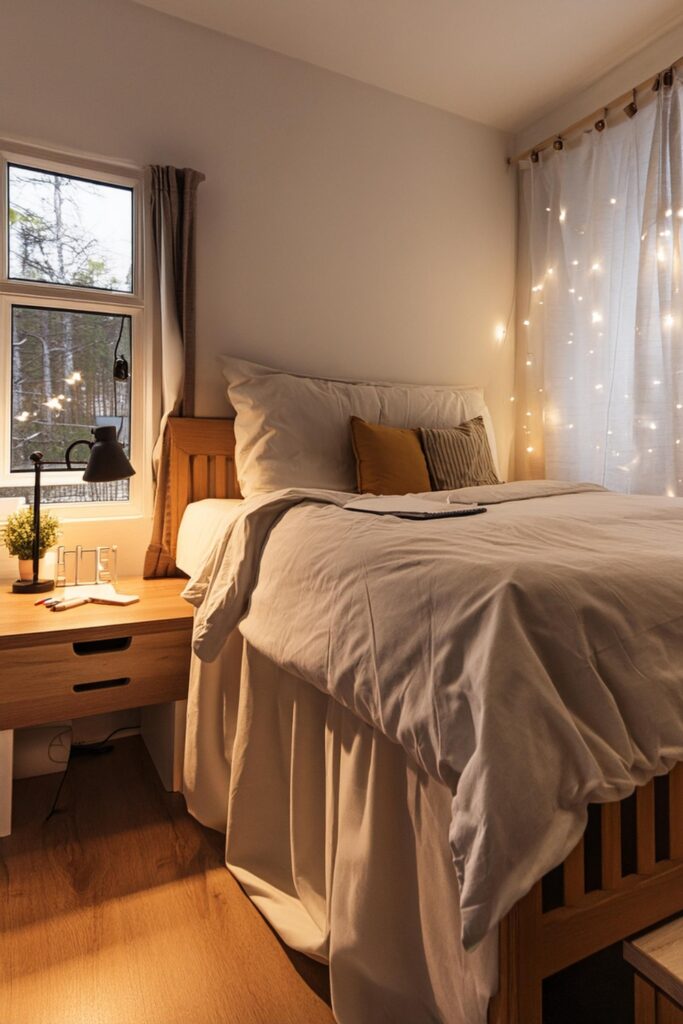 dorm room aesthetic cozy fall decor. harry potter dorm aesthetic. cozy neutrals. fall aesthetic. autumn aesthetic.