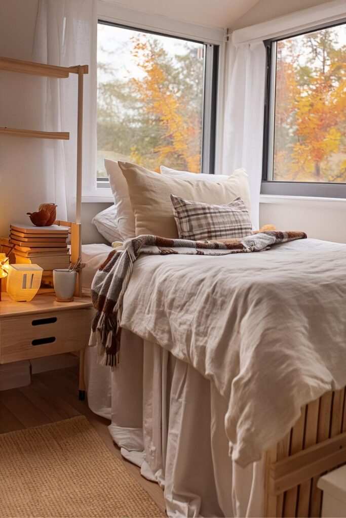 college dorm ideas. dorm inspo. cozy fall dorm aesthetic. cozy fall decor. college dorm decor.