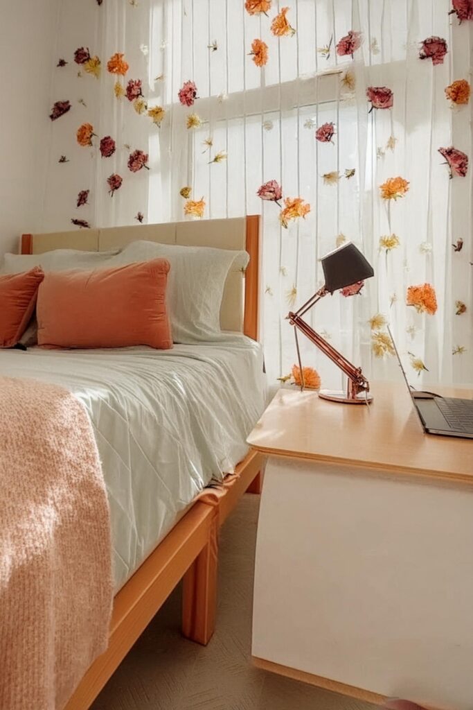 dorm room aesthetic. dorm room ideas. dorm room decor. flower curtain dorm room.