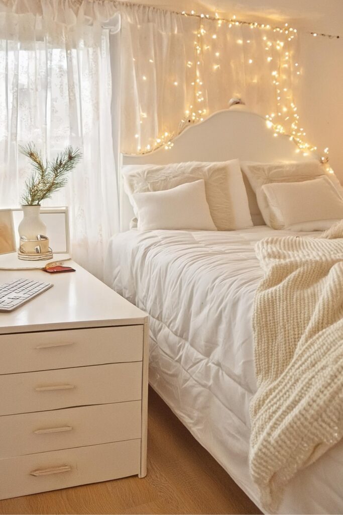 clean girl dorm room aesthetic. white dorm room bedding. college dorm room decor. dorm room ideas.