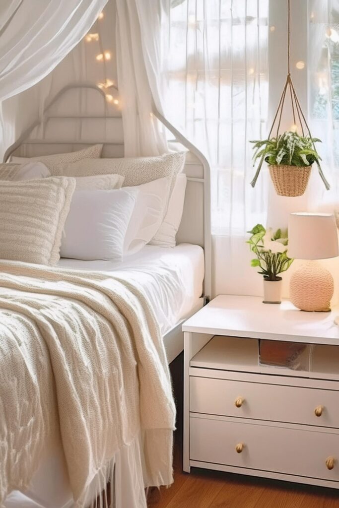 dorm room aesthetic. dorm room decorations. dorm room ideas. neutral dorm room. airy white dorm room. dorm room fairy lights.