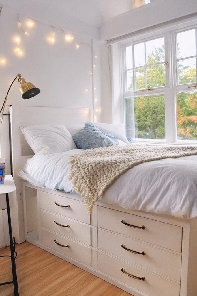 blue neutral dorm room decor. college dorm room ideas. dorm room aesthetic.