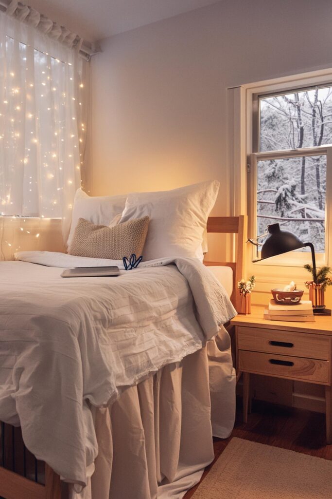 cozy dorm room aesthetic. college dorm room ideas. dorm room vibes. winter dorm room aesthetic. 
