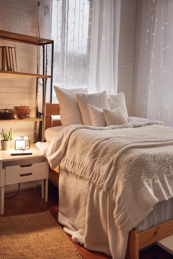 neutral dorm room aesthetic. simple dorm room ideas. dorm room decor inspo. college dorm room ideas.