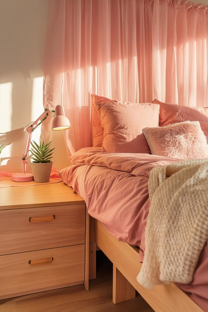 pink dorm room aesthetic. college dorm room decor. dorm room ideas. pink dorm room bedding.