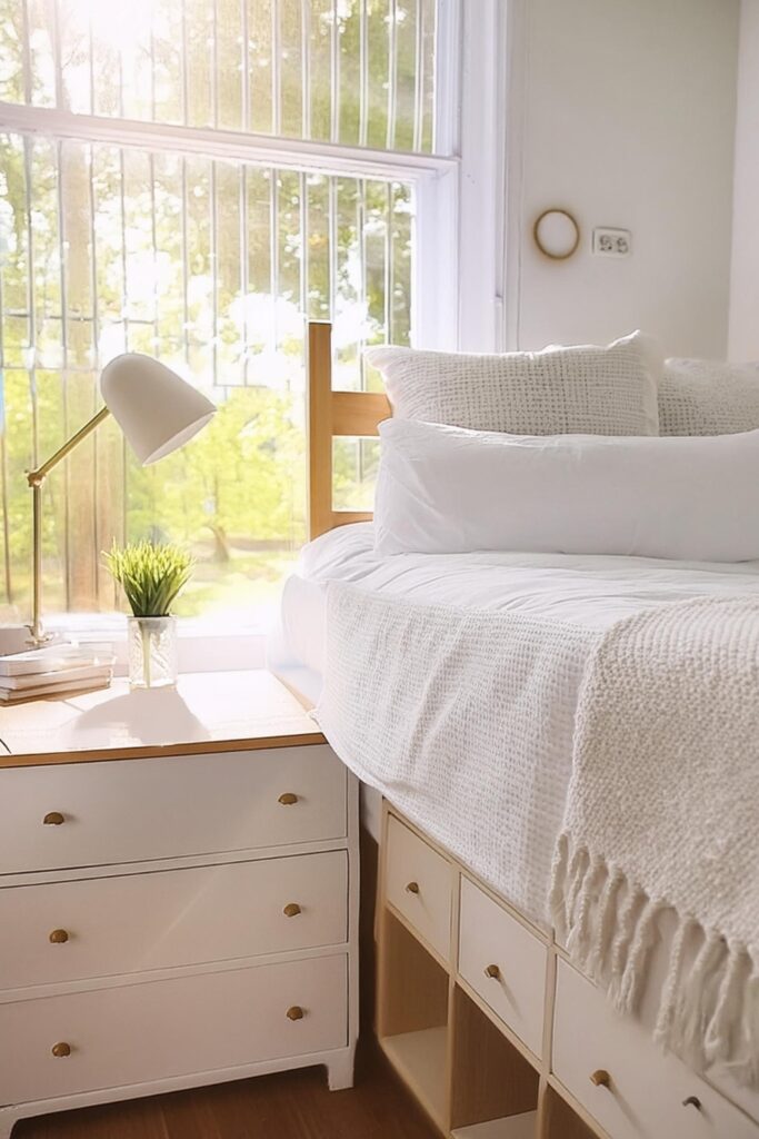 simple neutral dorm room decor. dorm room ideas. white dorm room bedding. dorm room aesthetic.