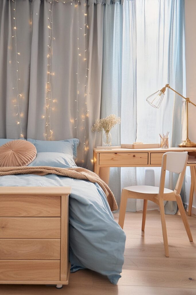 blue dorm room. dorm room aesthetic. ethereal room decor. cozy girly dorm room. fairy lights dorm room. 
