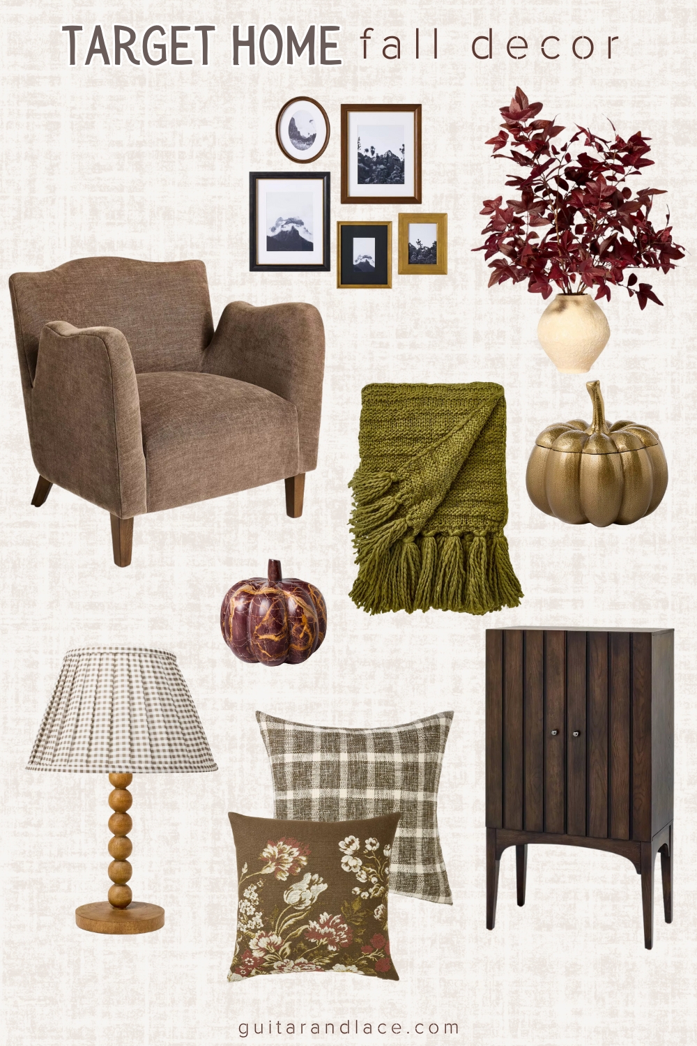 fall decor 2024. fall living room decor. cozy accent chair. gallery wall. gingham lamp shade. plaid throw pillow. target home