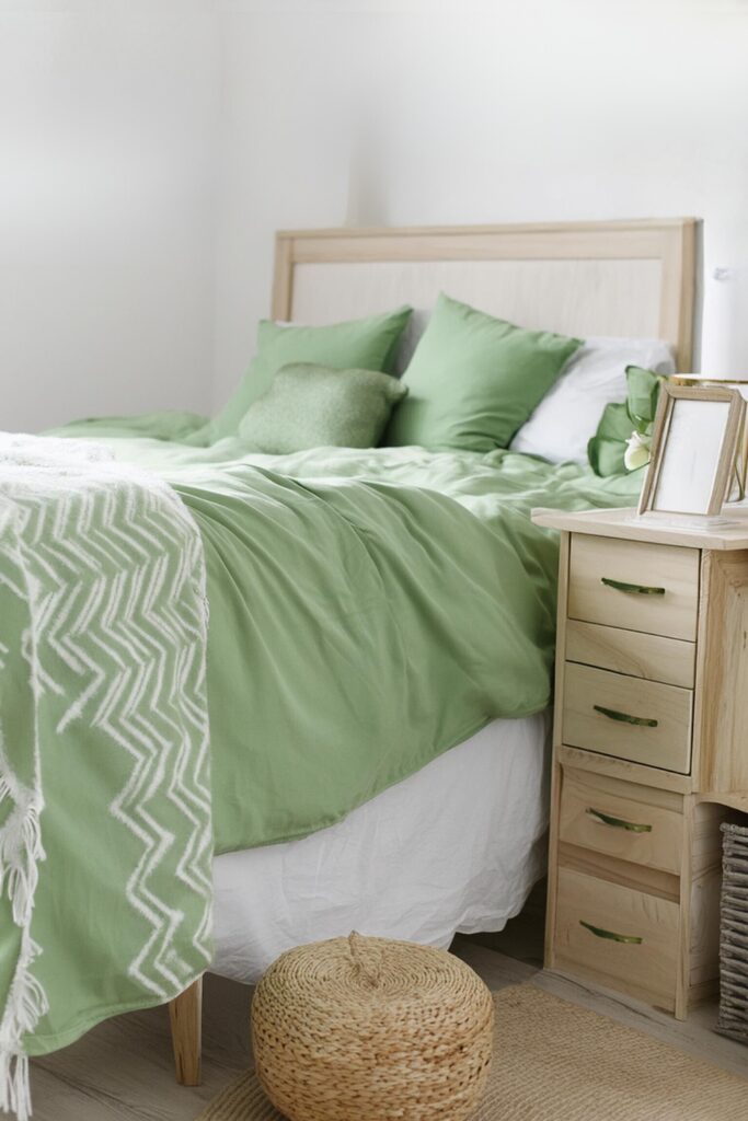 sage green dorm room aesthetic. green dorm room bedding. college dorm room decor ideas.