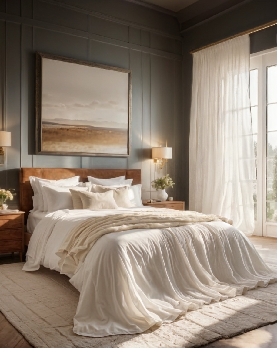 moody bedroom paint color. bedroom decor. ruffled white bedding. sheer white curtains. 