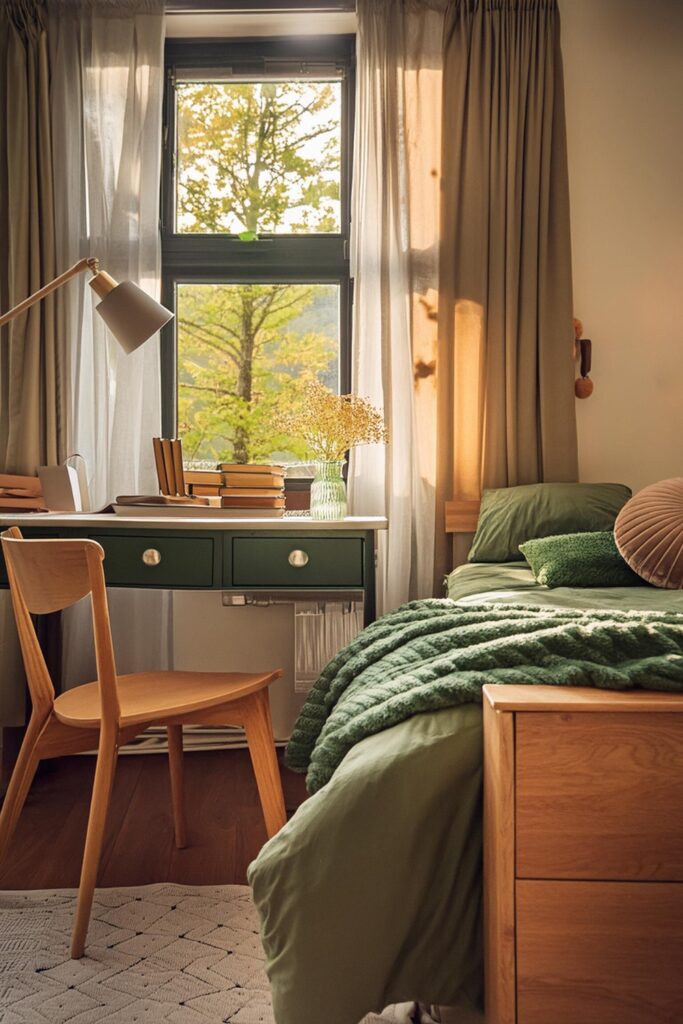 moody dorm room decor. moody dorm room aesthetic.college dorm room ideas. dark green dorm room bedding. fall decor. 