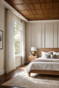 neutral bedroom decor. taupe bedroom walls. sheer white curtains. wooden ceiling panels.