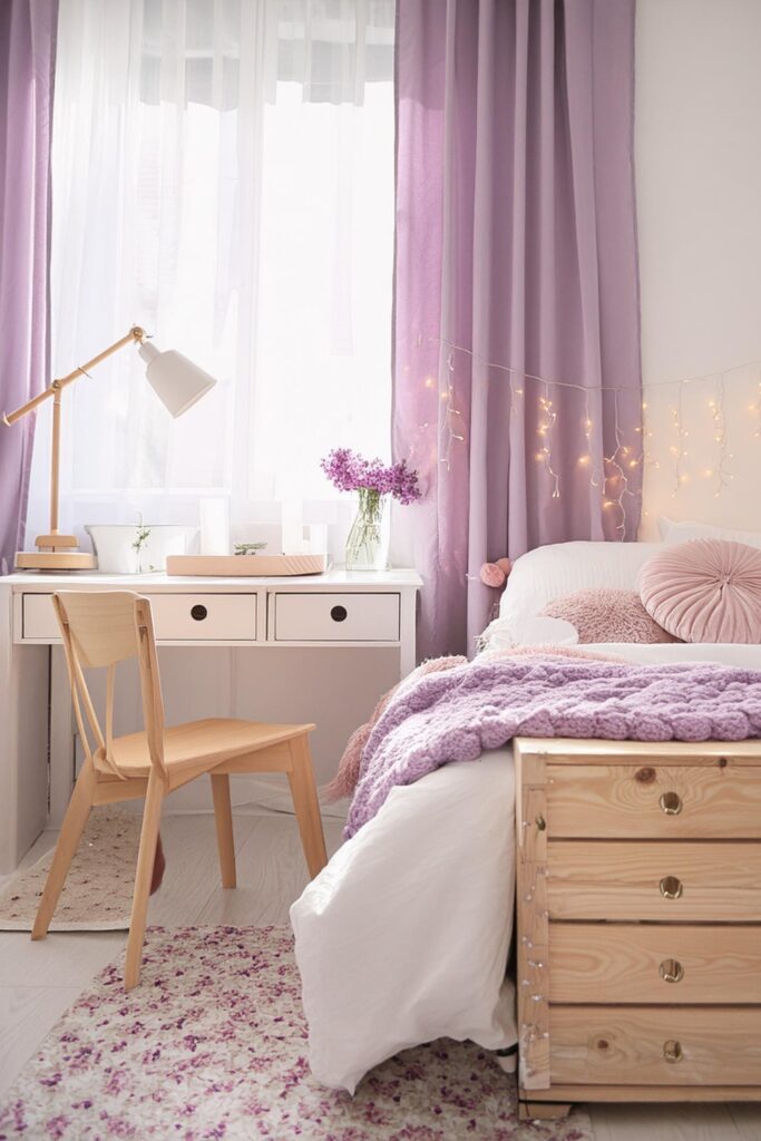 purple dorm room. dorm room aesthetic. girly dorm room ideas. purple dorm room inspo. college dorm room decor ideas. 