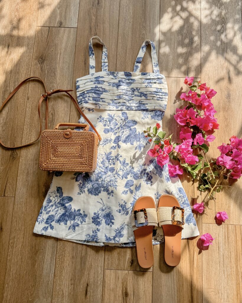 summer outfits 2024. summer dress. blue and white floral dress. outfits for europe. abercrombie dress. abercrombie style.