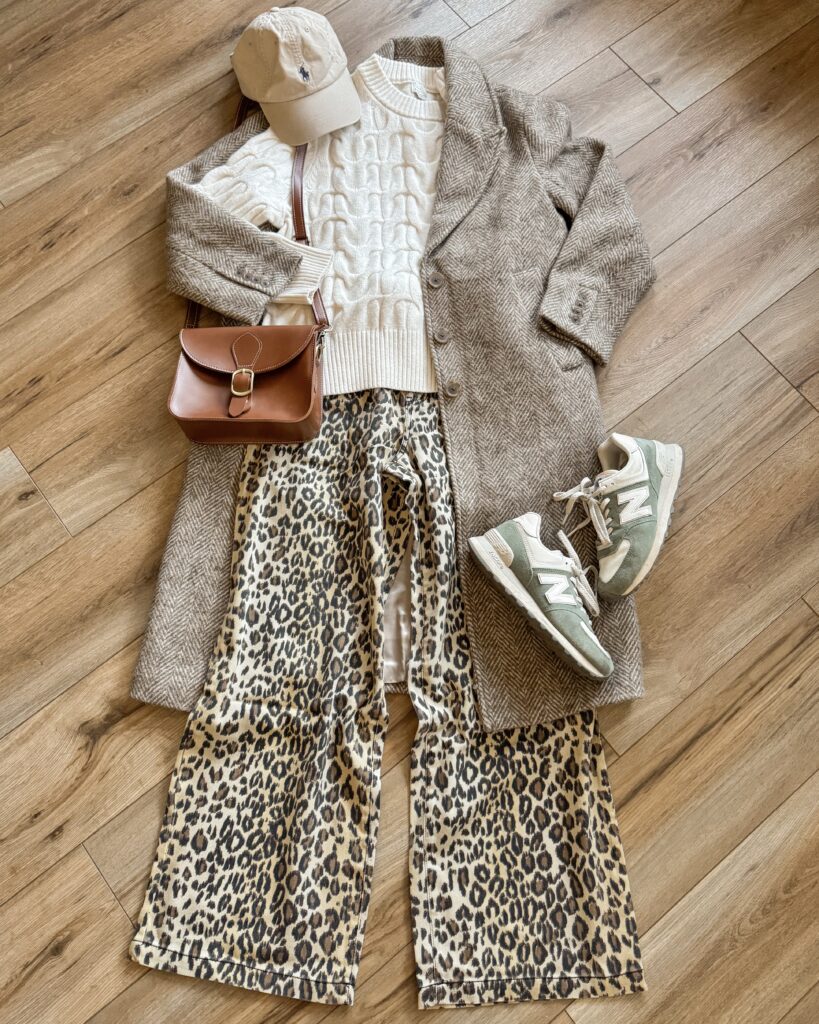 winter casual outfits for women. leopard print wide leg jeans. leopard print jeans. smart casual winter outfits. winter outfits 2025