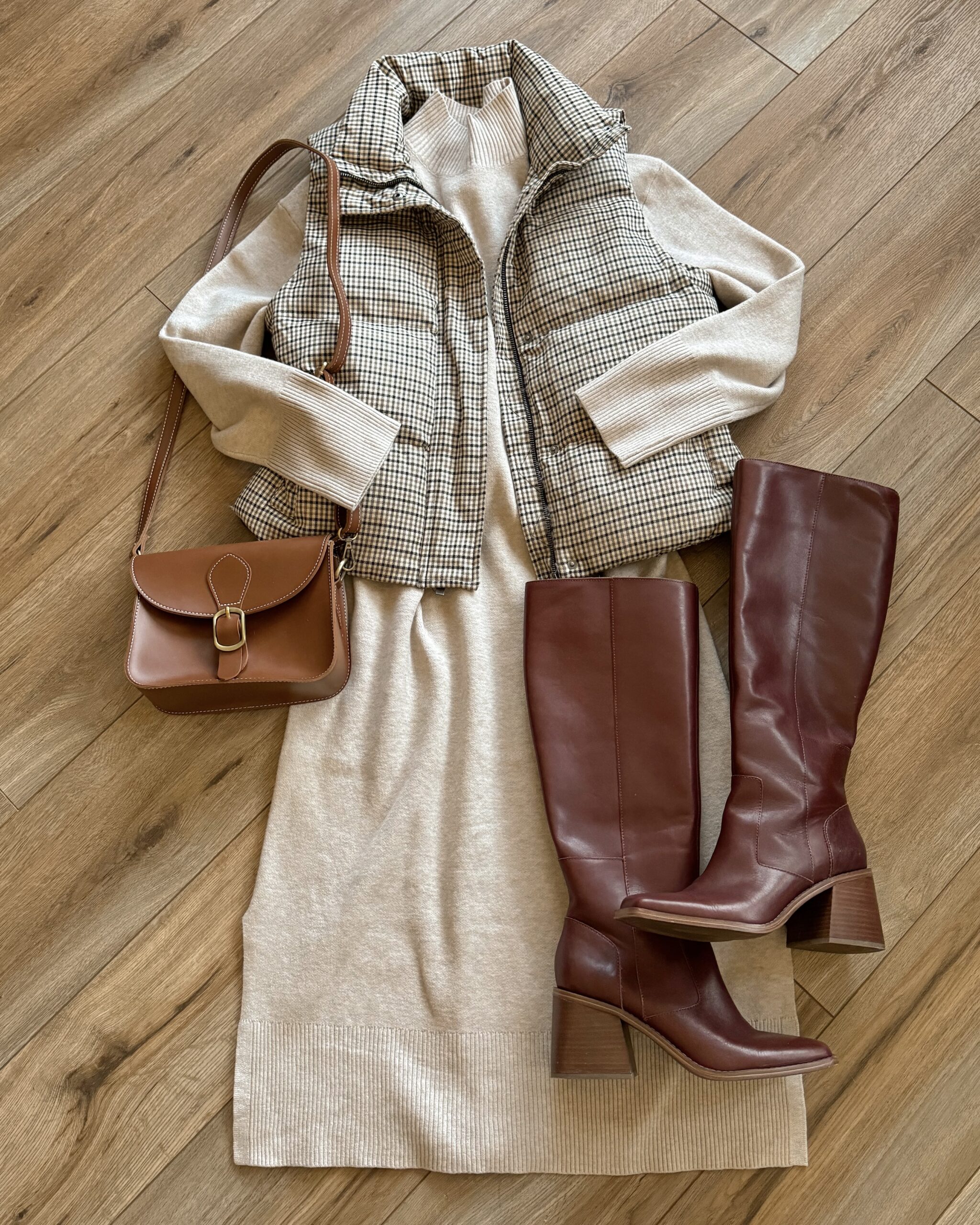 casual winter outfits. smart casual winter outfits. elevated casual outfits. plaid puffer vest. knee high leather boots