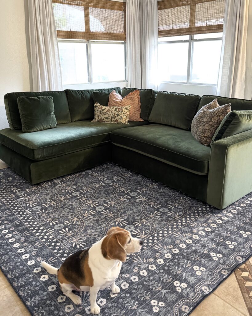 interior define essex. interior define james bumper sectional. interior define couch. green velvet sectional. green velvet sofa. green velvet couch.