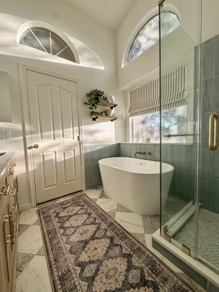 bathroom ideas. checkerboard tile flooring. checkered tile. affordable checkerboard tile. porcelain checkered tile. ruggable rugs. rugs on checkerboard floors. bathroom remodel.