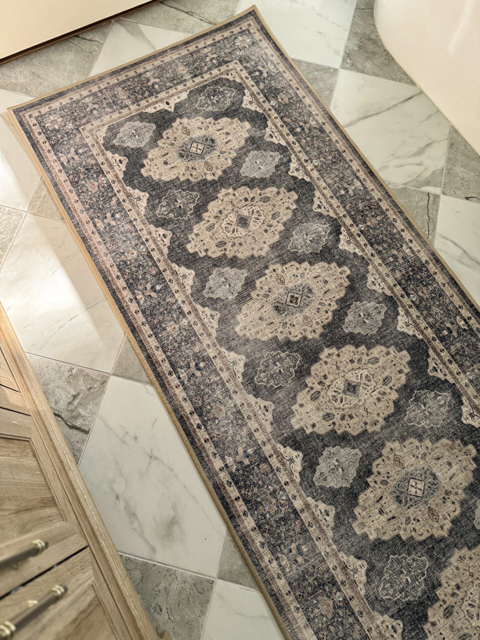 bathroom ideas. checkerboard tile flooring. checkered tile. affordable checkerboard tile. porcelain checkered tile. ruggable rugs. rugs on checkerboard floors. bathroom remodel.