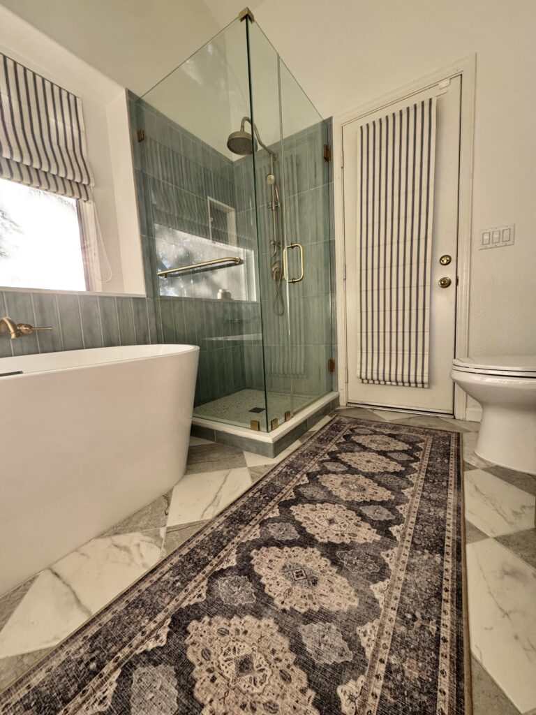 bathroom ideas. checkerboard tile flooring. checkered tile. affordable checkerboard tile. porcelain checkered tile. ruggable rugs. rugs on checkerboard floors. bathroom remodel.