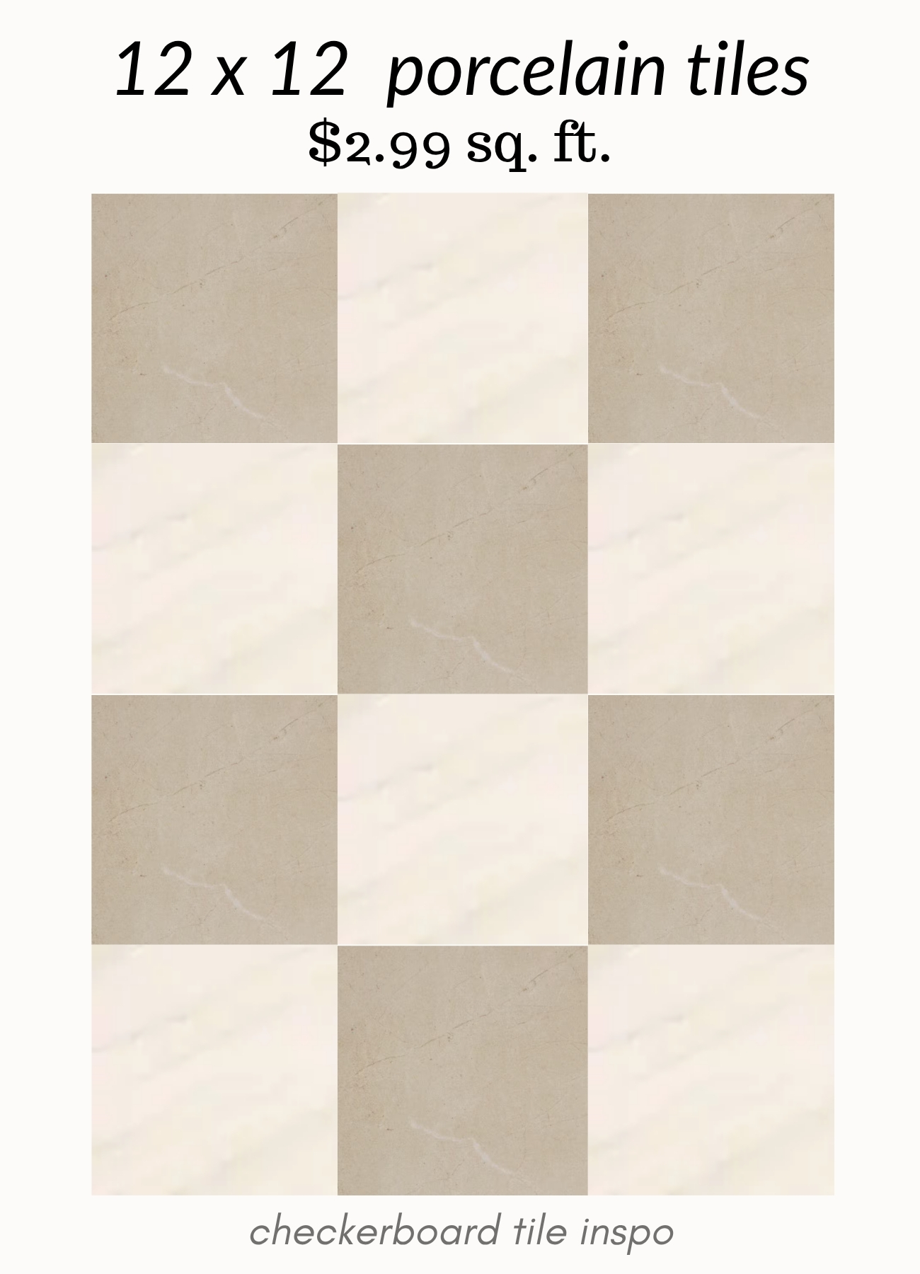 beige and white checkerboard tile. beige and white checkered tile. white and tan checkered tile. neutral checkerboard tile. 12x12 checkerboard tile. tan and white marble look checkerboard tile.