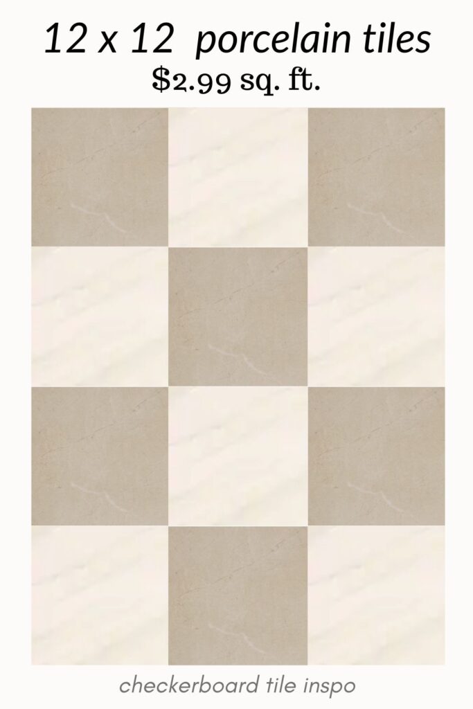 beige and white checkerboard tile. beige and white checkered tile. white and tan checkered tile. neutral checkerboard tile. 12x12 checkerboard tile. tan and white marble look checkerboard tile.