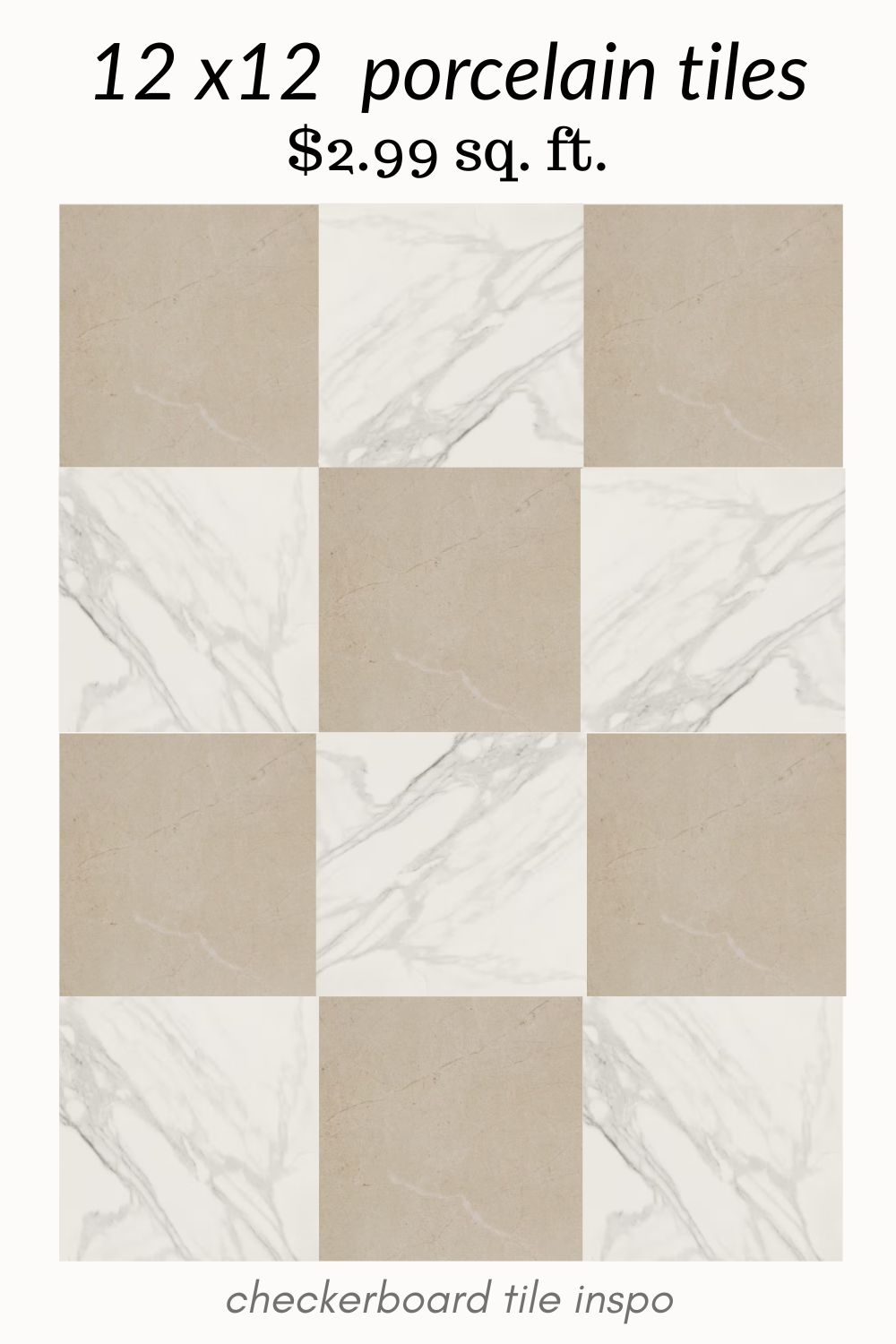 beige and white checkerboard tile. beige and white checkered tile. white and tan checkered tile. neutral checkerboard tile. 12x12 checkerboard tile. tan and white marble look checkerboard tile.