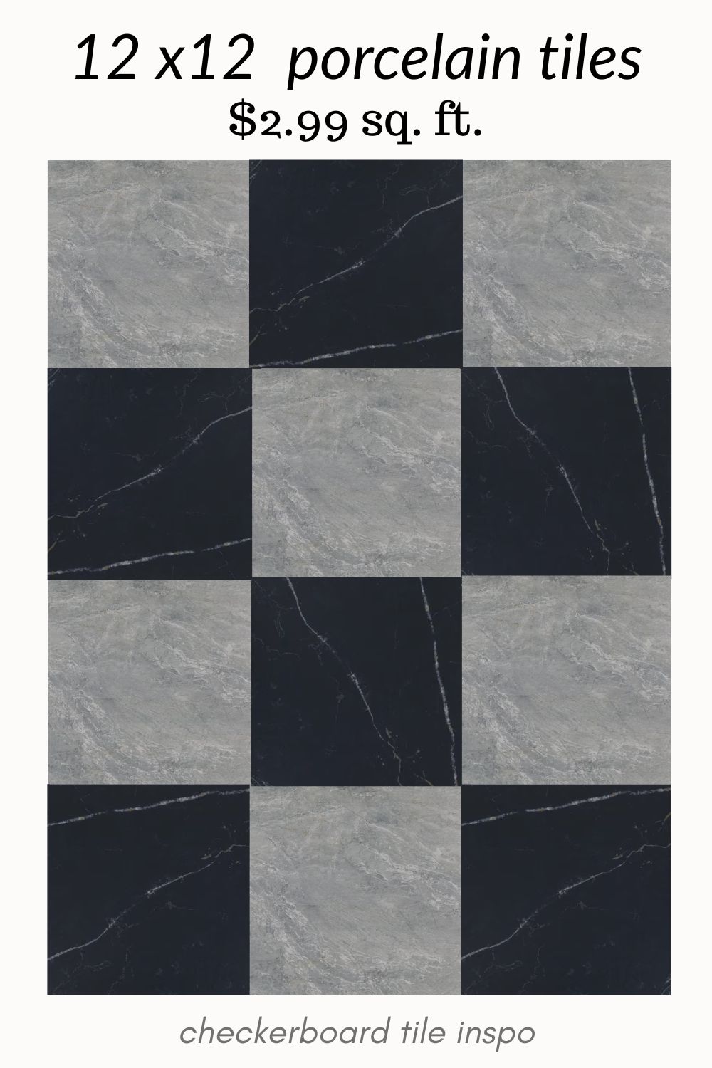 black and grey checkerboard tile. black marble look checkered tile. affordable checkered tile.