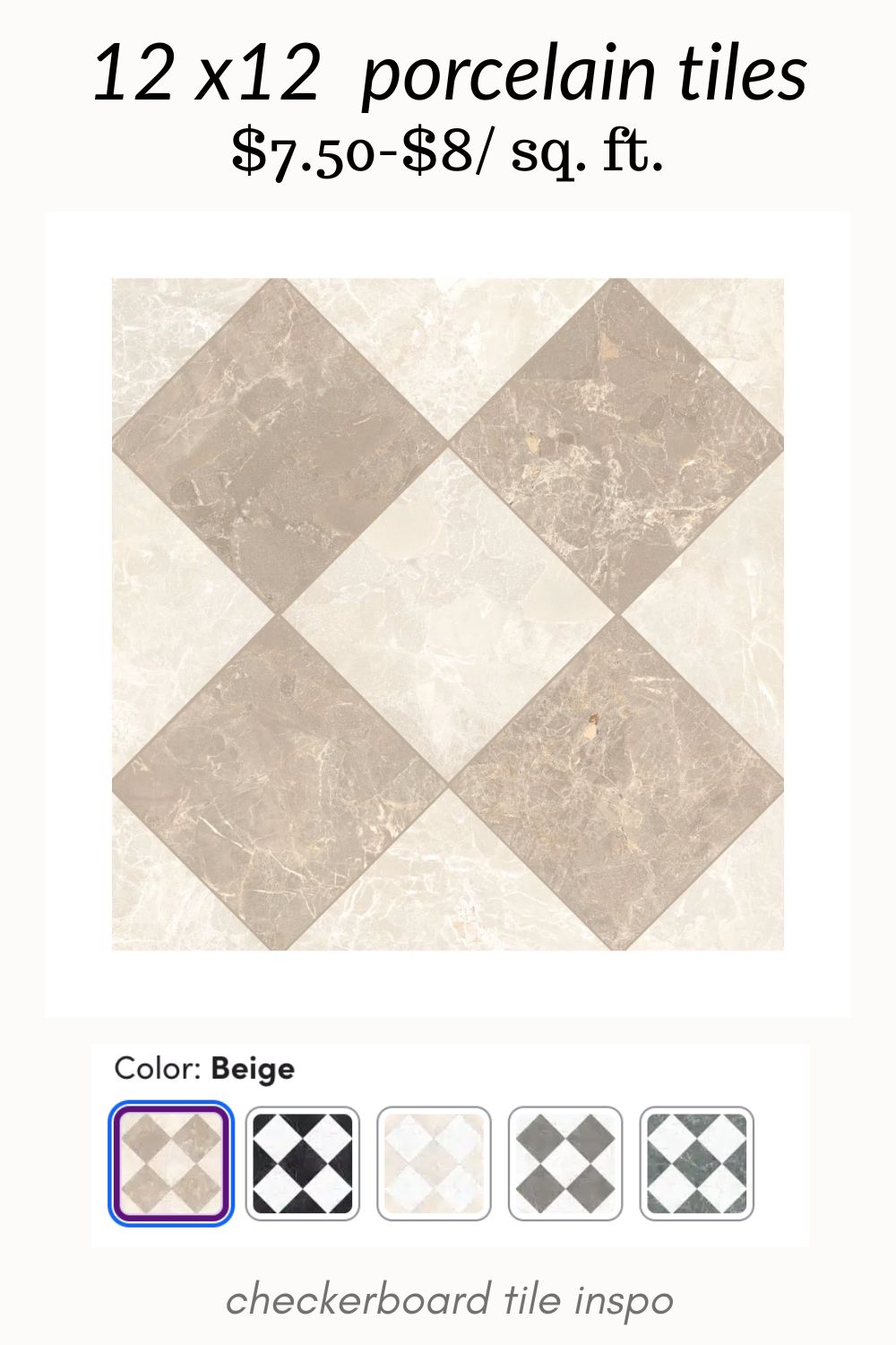 beige and white checkerboard tile. beige and white checkered tile. white and tan checkered tile. neutral checkerboard tile. 12x12 checkerboard tile. tan and white marble look checkerboard tile.