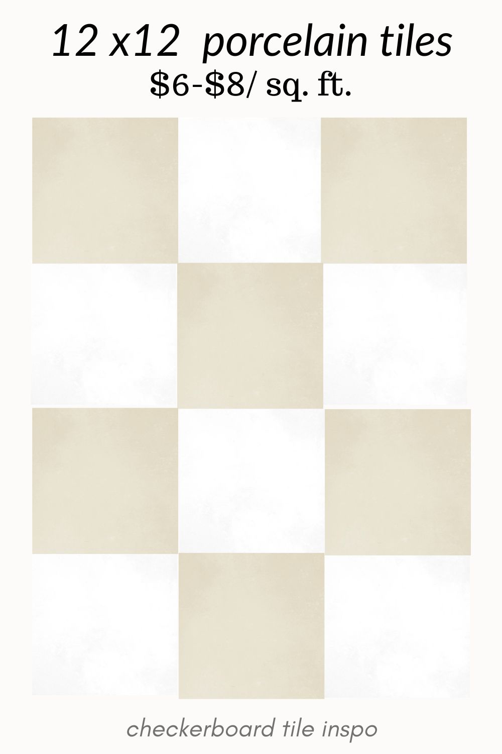beige and white checkerboard tile. beige and white checkered tile. white and tan checkered tile. neutral checkerboard tile. 12x12 checkerboard tile. tan and white marble look checkerboard tile.